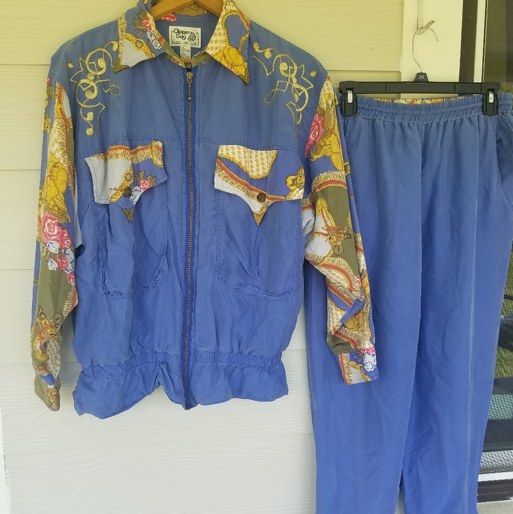 Vintage 80s 90s Baroque Style Windbreaker Jacket Pants Set Silk Nylon Sz Medium